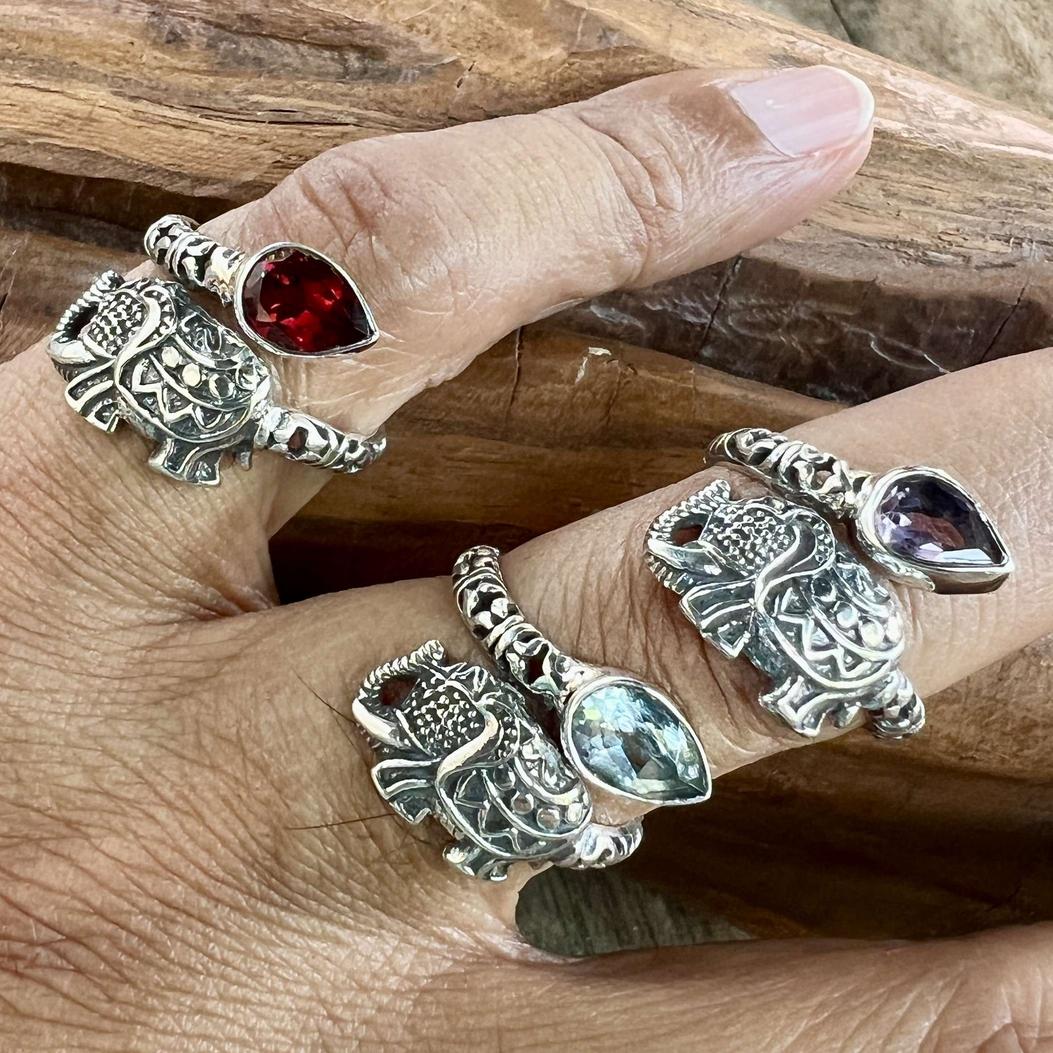 (HANDMADE 925 BALI STERLING SILVER ELEPHANT RINGS MIXSTONES)